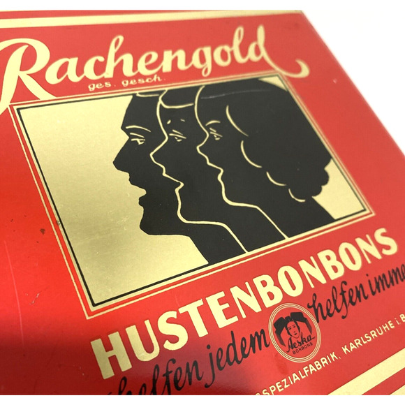 Vintage Rachengold Hustenbonbons tin red & gold hinged lid Aeska Bonbons kitchen - Picture 11 of 11